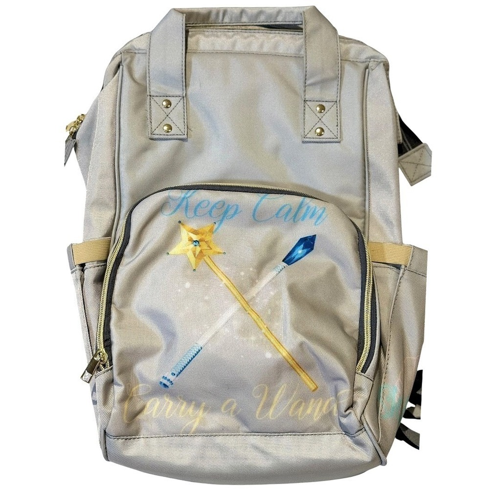 Keep Calm Carry a Wand Gray Backpack Diaper Bag Wide Mouth‎ Multi-Pocket Wizard